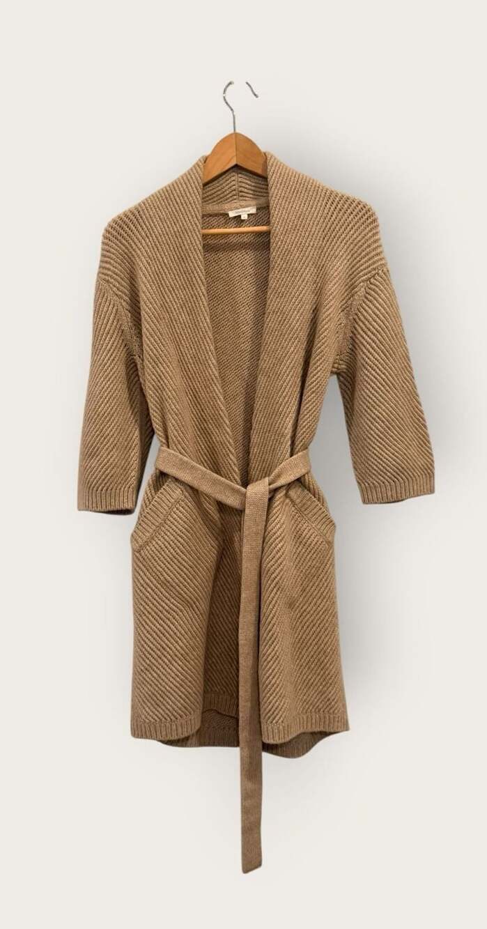 MaxMara Cashmere Waffled Knit Cardigan Robe in Tan - S